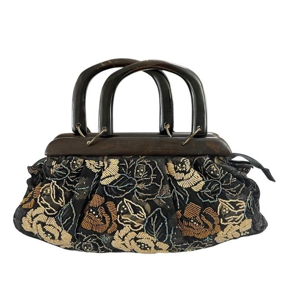 Vintage Unbranded Floral Pattern Beaded Fabric Handbag Satchel Purse Wood Handle - Picture 4 of 16